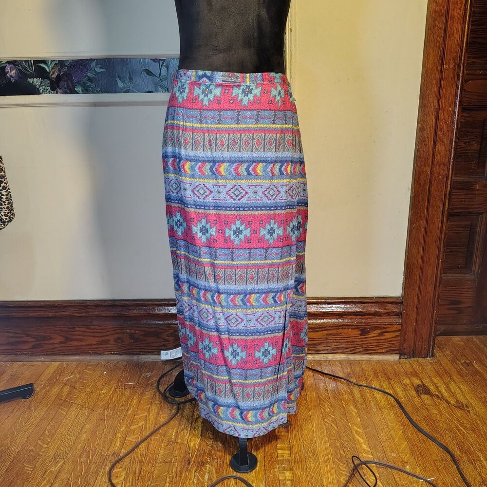 Southwestern Aztec Geometric Print Maxi Skirt 100%Rayon Western Sz M/L(T641)